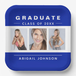 3 Photo Graduation Collage Graduate Blue and White Paper Plates