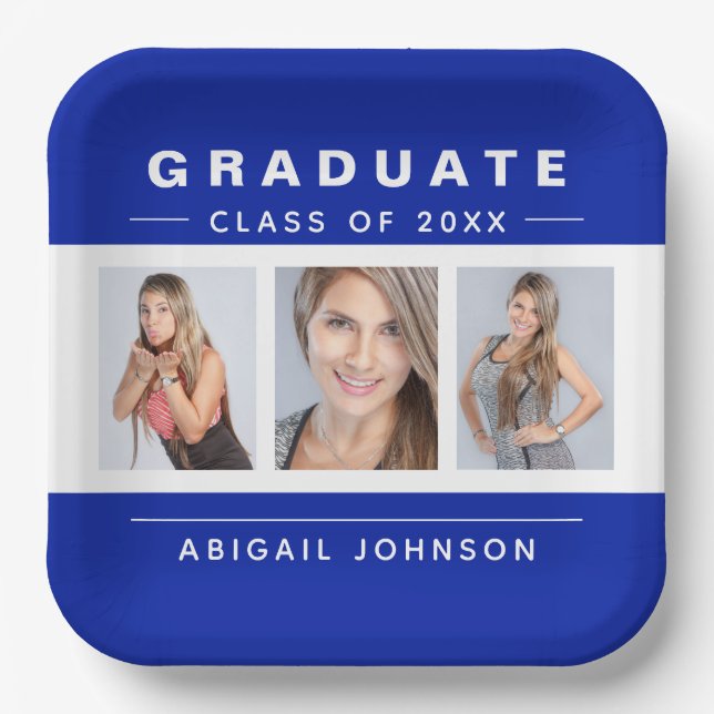 3 Photo Graduation Collage Graduate Blue and White Paper Plates (Front)