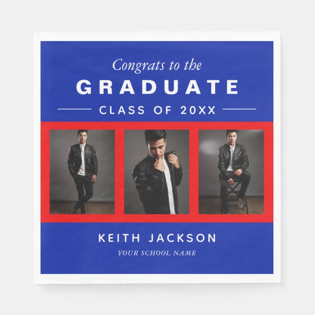 3 Photo Graduation Collage Graduate Blue Red Napkins (Front)