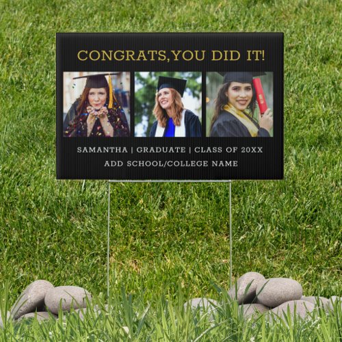 3 Photo Graduation Congrats Grad Black And Gold Sign