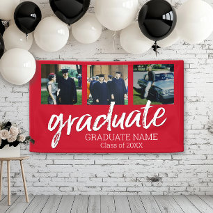 3 Photo Graduation - Modern Graduate Script Red Banner