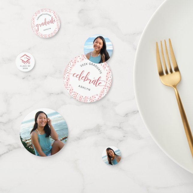 3 Photo Graduation Pink Rose Gold Glitter Script Confetti (Group)