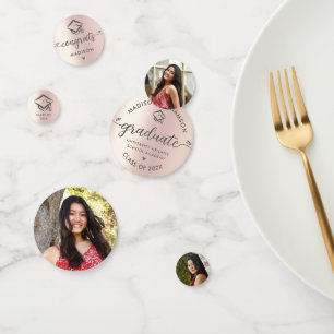 3 Photo Graduation Rose Gold Modern Script Cap Confetti