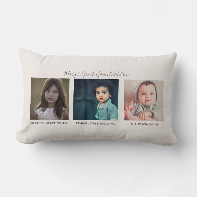 3 Photo Grandma's Great Grandchildren Names Lumbar Pillow (Front)