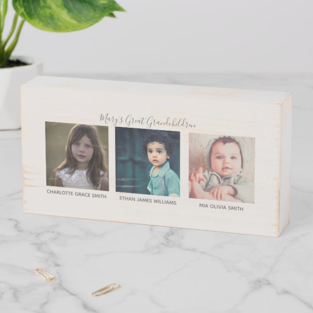 3 Photo Grandma's Great Grandchildren Names Wooden Box Sign (In Situ Horizontal)
