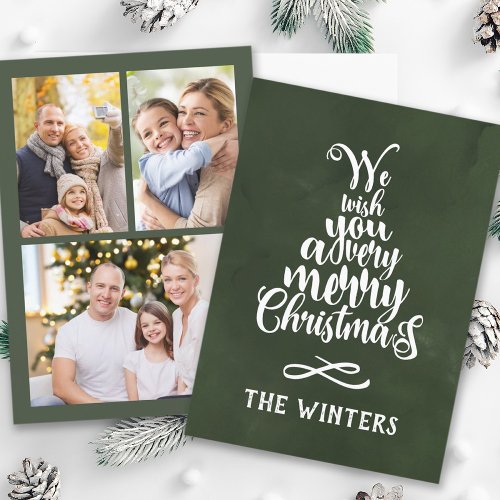 3 Photo Green  White Christmas Tree Lettering Holiday Card