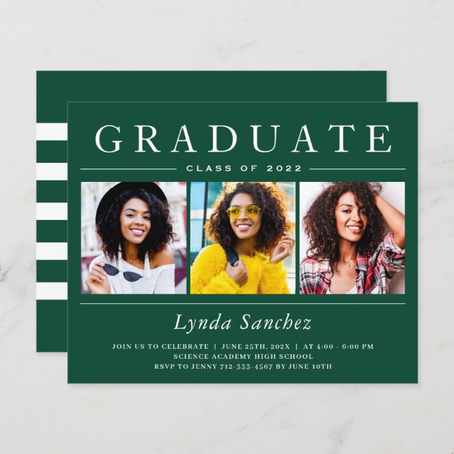 3 Photo Green White Stripes Graduation Invitations (Front/Back)