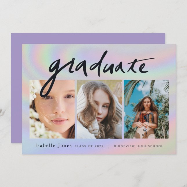 3 Photo Handwritten Hologram Virtual Graduation Invitation (Front/Back)