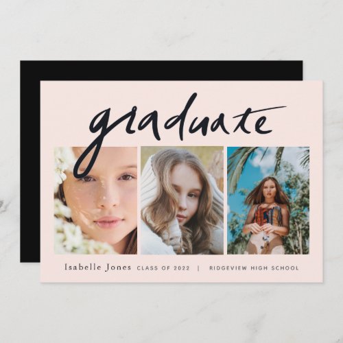 3 Photo Handwritten Script Pink Graduation Invitation