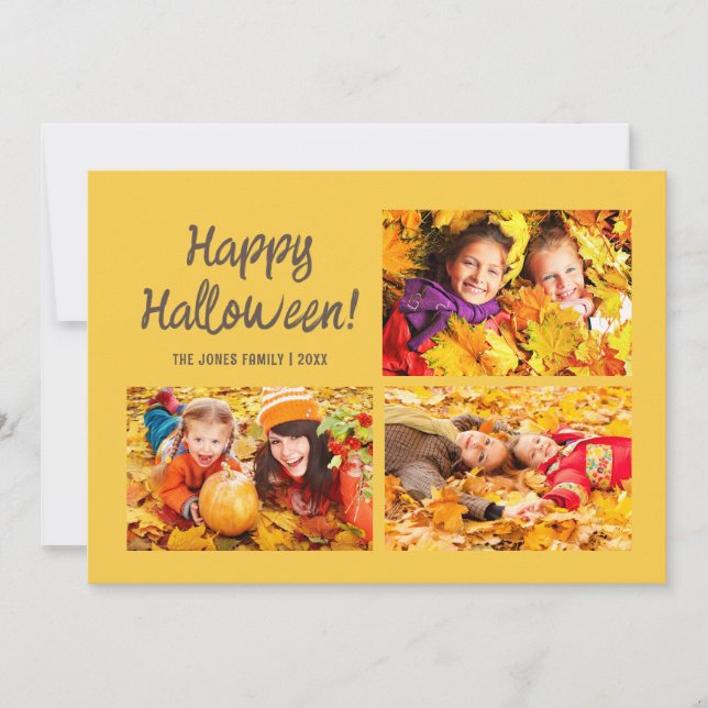 3 Photo Happy Halloween Yellow Orange Pumpkin Note Card (Front)