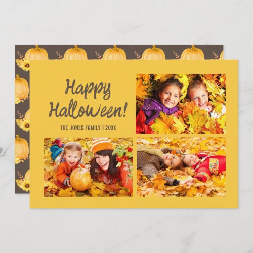 3 Photo Happy Halloween Yellow Orange Pumpkin Note Card