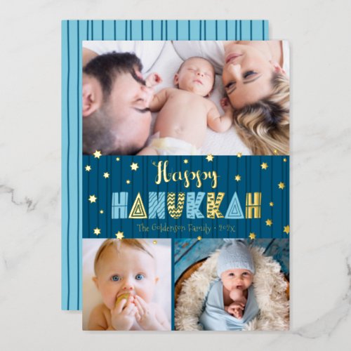 3 Photo Happy Hanukkah Fun Modern Blue Real Gold Foil Holiday Card