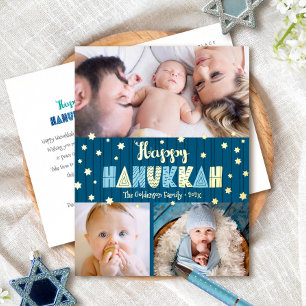 3 Photo Happy Hanukkah Fun Type Blue Real Gold Foil Holiday Postcard