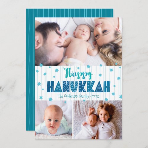 3 Photo Happy Hanukkah Modern Fun Typography Teal Holiday Card