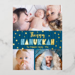 3 Photo Happy Hanukkah Modern Teal Blue Real Gold  Foil Holiday Postcard<br><div class="desc">“Happy Hanukkah.” Fun, playful, whimsical handcrafted real gold foil and light blue typography, a random gold foil Star of David pattern, and midnight navy blue hand drawn lines overlay a dark teal blue background. Add 3 photos of your choice to help usher in Hanukkah with this stunning, colorful, personalized real...</div>