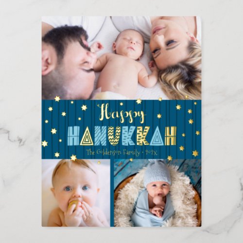 3 Photo Happy Hanukkah Modern Teal Blue Real Gold  Foil Holiday Postcard