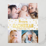 3 Photo Happy Hanukkah Modern Whimsical Real Gold  Foil Holiday Postcard<br><div class="desc">“Happy Hanukkah.” Fun, playful, whimsical handcrafted real gold foil typography and a random Star of David pattern overlay a clean, white background. Add 3 photos of your choice to help usher in Hanukkah with this stunning, colorful, personalized real gold foil greeting postcard. Your custom note, typed or handwritten, is on...</div>