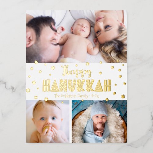 3 Photo Happy Hanukkah Modern Whimsical Real Gold  Foil Holiday Postcard