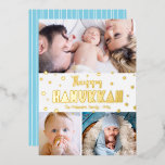 3 Photo Happy Hanukkah Whimsical Modern Real Gold Foil Holiday Card<br><div class="desc">“Happy Hanukkah.” Fun, playful, whimsical handcrafted real gold foil typography and a random Star of David pattern overlay a clean, white background. Add 3 photos of your choice to help usher in Hanukkah with this stunning, colorful, personalized real gold foil greeting card. Hand drawn white lines overlay a light turquoise...</div>