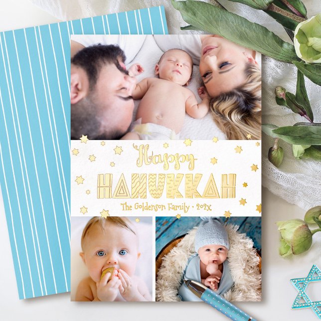 3 Photo Happy Hanukkah Whimsical Modern Real Gold Foil Holiday Card (Creator Uploaded)