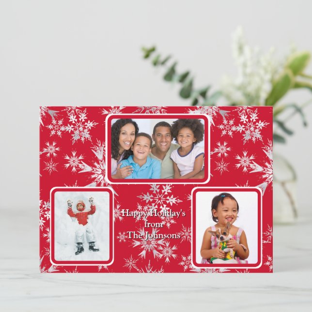 3 Photo Happy Holidays Personalized Message Red Holiday Card (Standing Front)