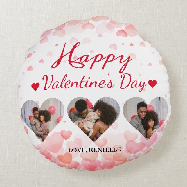 3 photo Heart collage valentines day couple Round Pillow (Back)