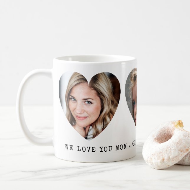 3 Photo Hearts with Personal Message Coffee Mug (With Donut)