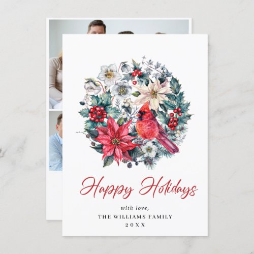 3 PHOTO Holly Berry Cardinal Christmas Greeting Holiday Card