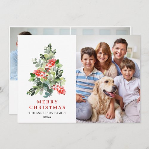 3 PHOTO Holly Berry Christmas Tree Greeting Holiday Card