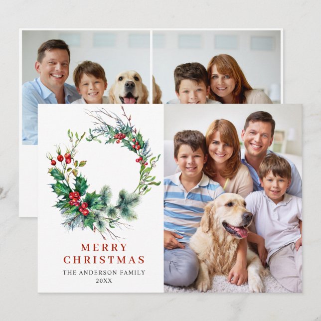 3 PHOTO Holly Berry Wreath Christmas Greeting Holiday Card (Front/Back)