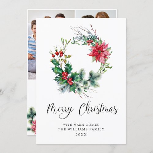 3 PHOTO Holly Poinsettia Wreath Christmas Greeting Holiday Card