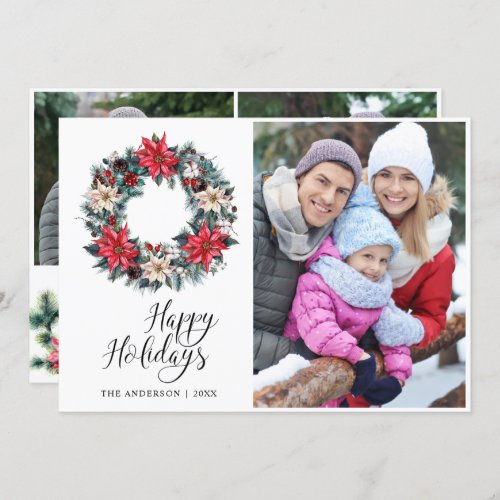 3 PHOTO Holly Poinsettia Wreath Christmas Greeting Holiday Card