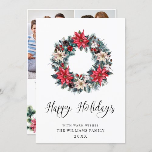 3 PHOTO Holly Poinsettia Wreath Christmas Greeting Holiday Card