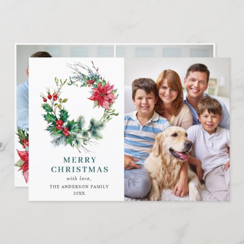3 PHOTO Holly Poinsettia Wreath Christmas Greeting Holiday Card