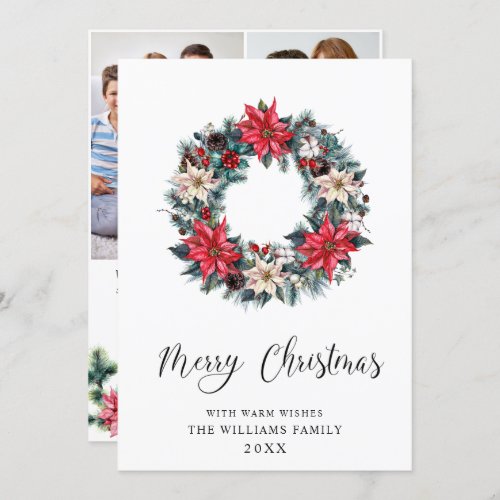 3 PHOTO Holly Poinsettia Wreath Christmas Greeting Holiday Card