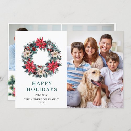 3 PHOTO Holly Poinsettia Wreath Christmas Greeting Holiday Card