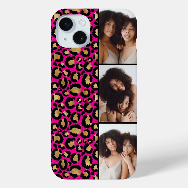 3 Photo Hot Pink And Gold Leopard Print Case-Mate iPhone Case (Back)