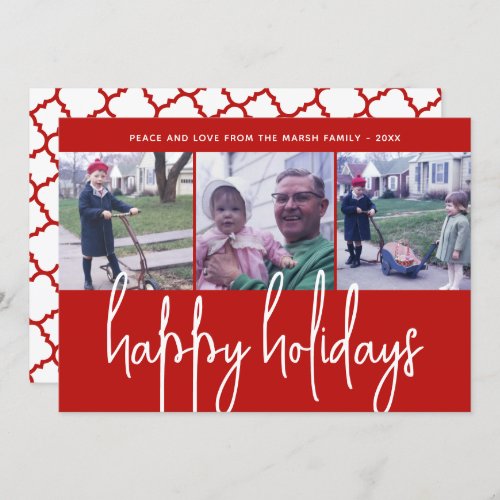 3 Photo _ Huge Happy Holidays _ Red Quatrefoil Holiday Card