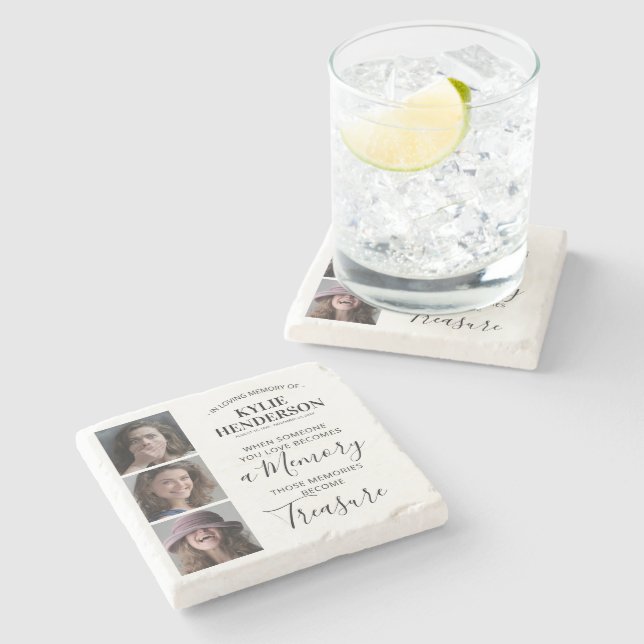 3 Photo In Loving Memory Stone Coaster (Side)
