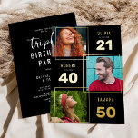 3 Photo Joint Birthday Party Black Gold  Foil Invitation<br><div class="desc">Celebrate three unique and special people with this timeless and modern triple celebration invitation! Whether it’s a milestone birthday triplet, an epic family anniversary, or any other momentous occasion, this real foil invitation is the perfect way to capture their celebration in an elegant, modern style. The sleek invitation features a...</div>