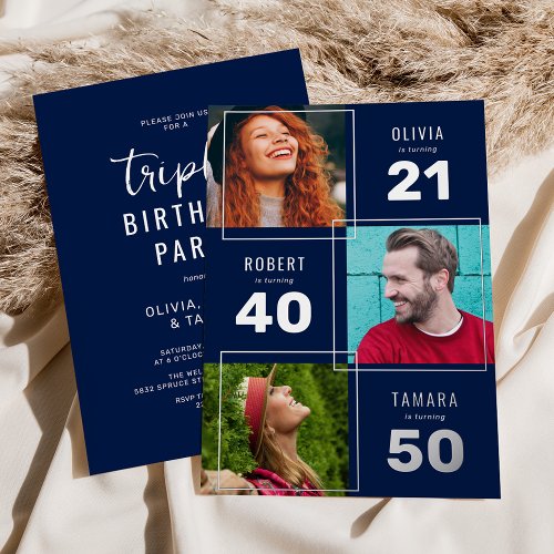 3 Photo Joint Birthday Party Blue  Silver Foil Invitation