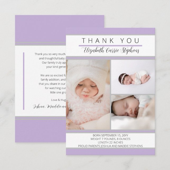 3 Photo Lavender Baby Shower Birth Announcement (Front/Back)