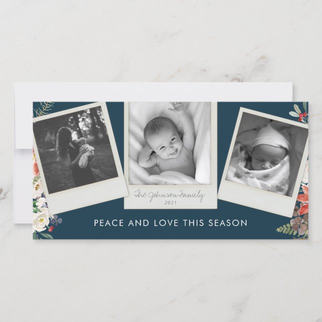 3 Photo Layout Vintage Snapshot Navy Blue Holiday Card (Front)