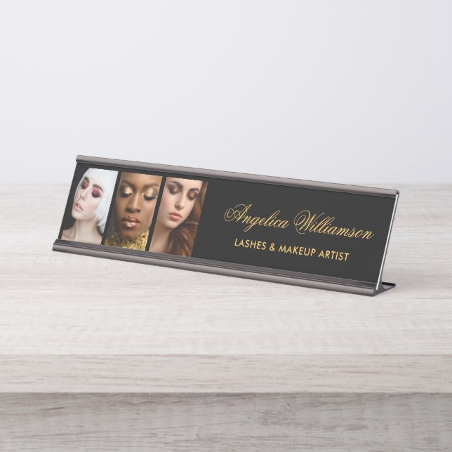 3 Photo Makeup Lashes Hair Salon Name Plate Blk (Front)
