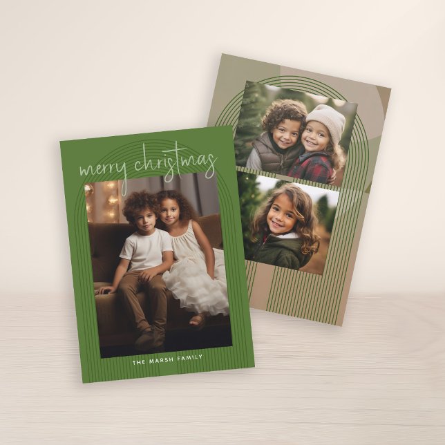 3 Photo Merry Christmas Abstract Lines Handwritten Holiday Card (3 Photo Christmas Card with Retro Line Art Arches - Print and Download Option)