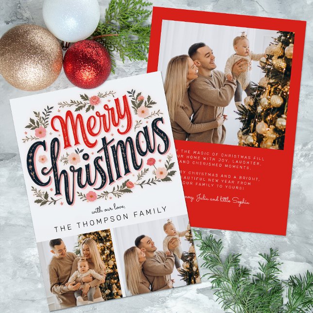 3 photo Merry Christmas Botanical Christmas Card (3 Photo Floral Christmas Card)