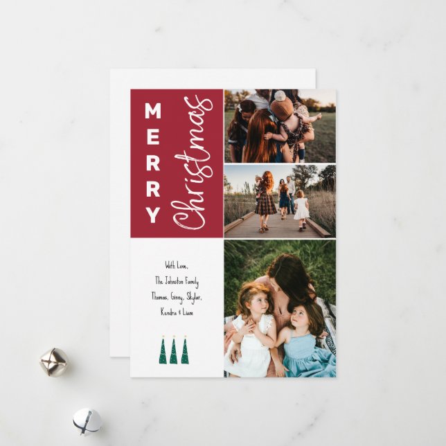 3 Photo Merry Christmas Card - Red (Front/Back In Situ)