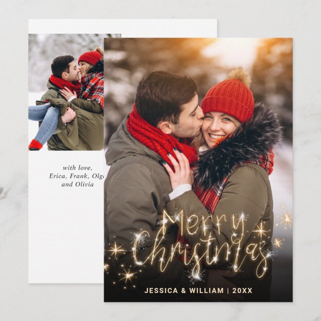 3 PHOTO Merry Christmas Gold Sparkler Greeting Holiday Card (Front/Back)