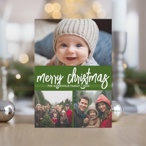 3 Photo Merry Christmas _ green red retro stripes Holiday Card