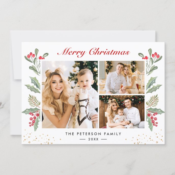 3 Photo Merry Christmas Holly Berry Gold Confetti Holiday Card